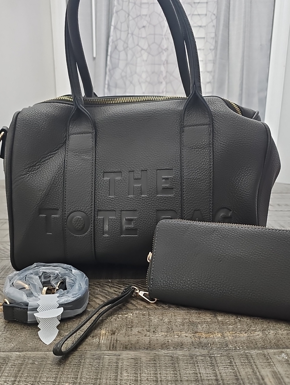 Black Leather Tote with Wristlet